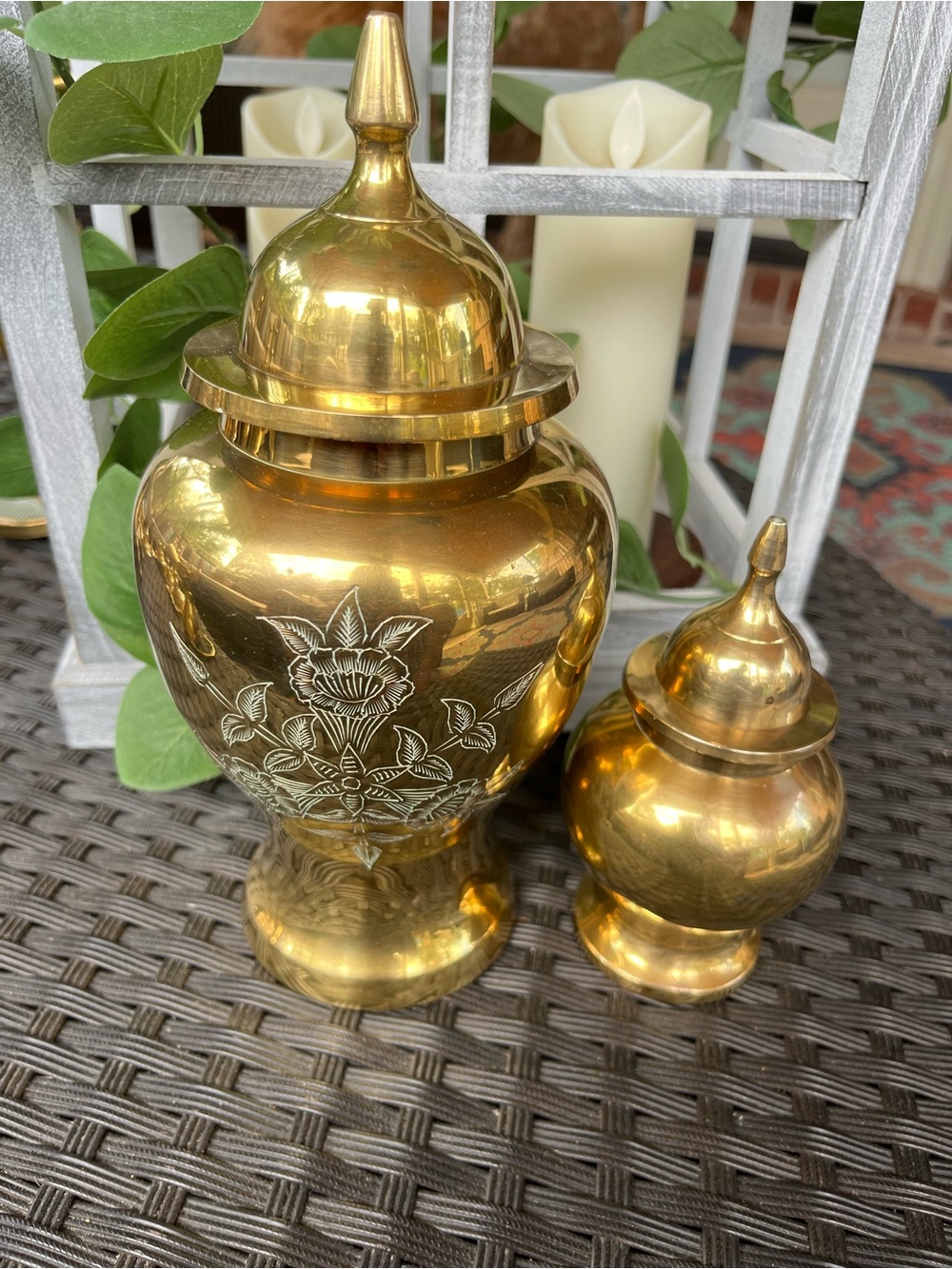Brass Polished Gold Decorative Ginger jars / Lidded Vases - Floral Etched Set